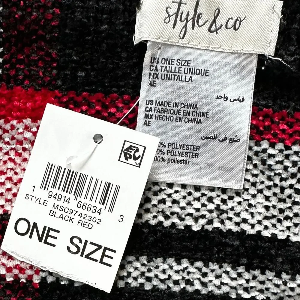 NWT Macy's x Style & Co Ultra-soft Fringe Scarf Black Red White Plaid Stripes